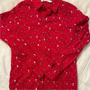 H&M Red Kids Button Down Shirt with Christmas Festive Print Santa Tree Snowman